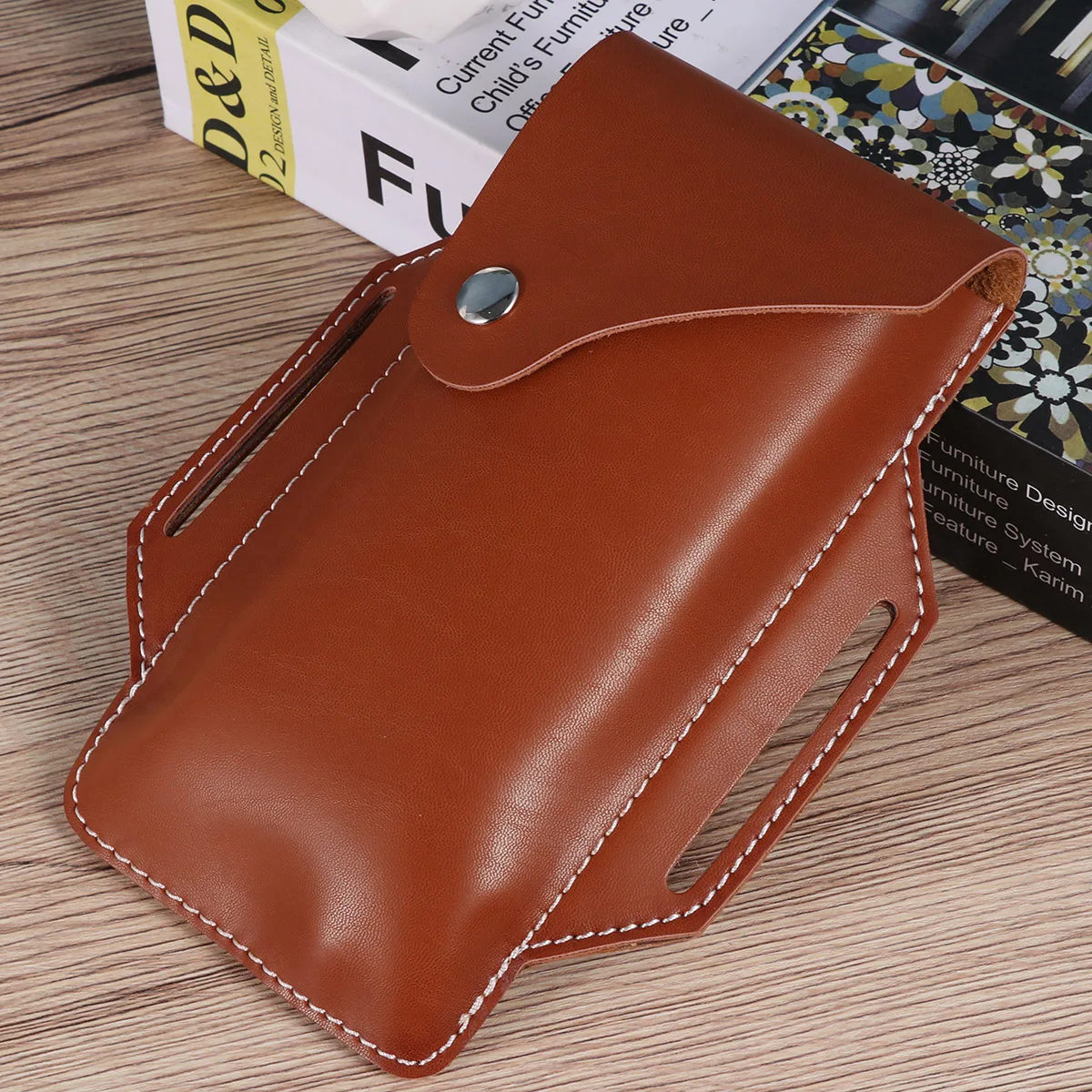 

Sports Waist Bag Brown Pu Anti-Lost Button Portable Outdoor Fanny Pack For Phone Keys Tickets Running Walking Storage