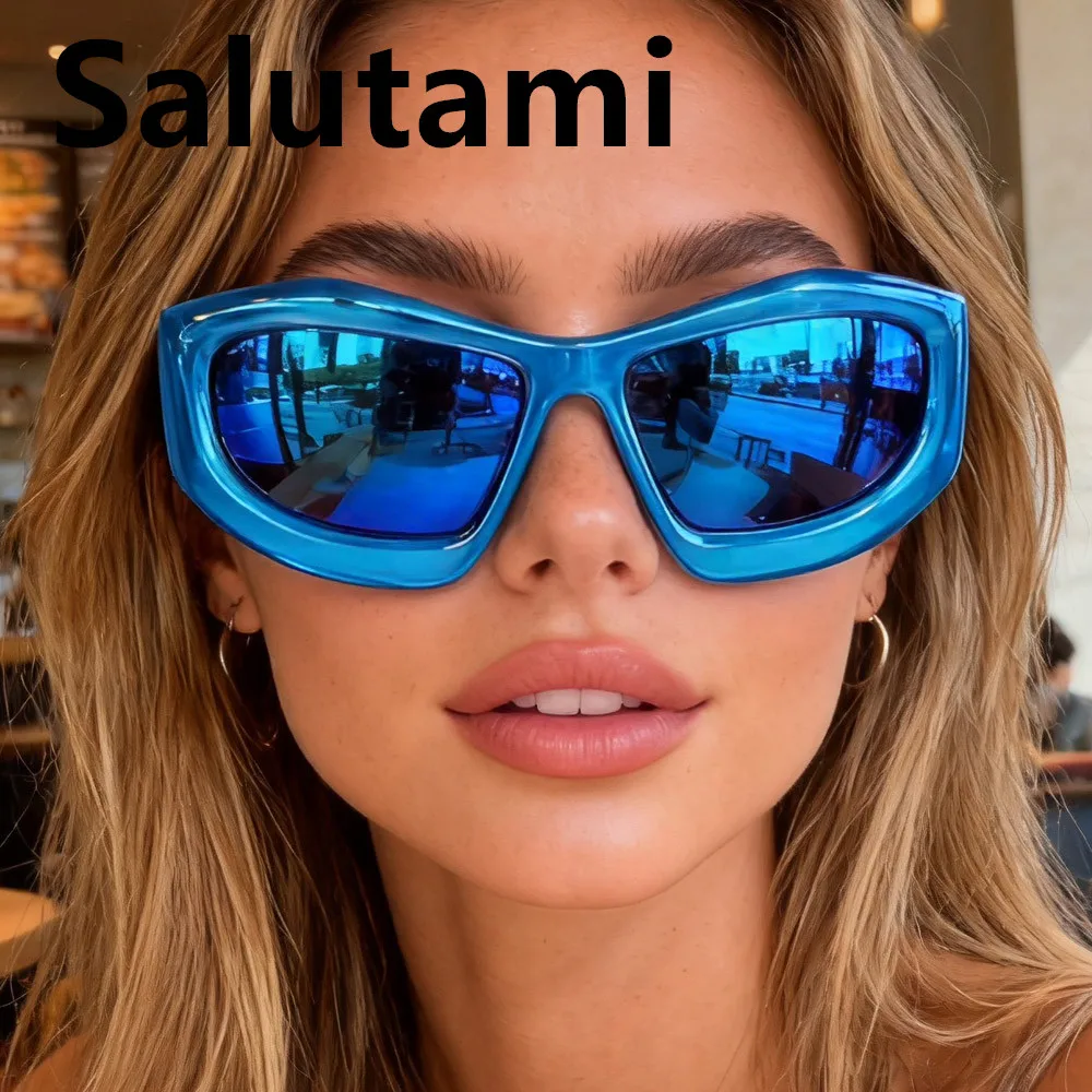 

New Fashion Blue Mirror Y2k Sunglasses For Women Vintage Oversized Cat Eye Sun Glasses Men Hip Hop Punk Eyewear Female Shades