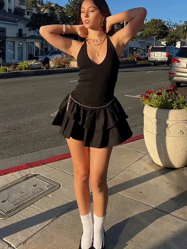 Vestidos femininos halter rosa mini vestidos chique com decote em v camada babados bainha vestido uma linha vestido de verão senhoras rua festa wear mq54