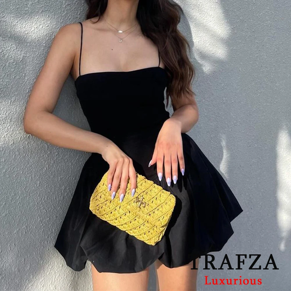 TRAFZA Sexy Black Ruffles Mini Dress Women Knitted Patchwork Beach Bubble Dress Fashion 2024 Summer Elegant Mujer Vestidos