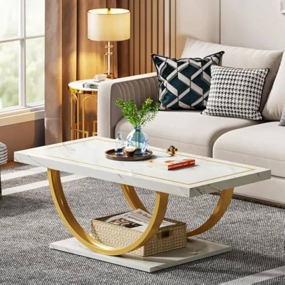 Coffee Table White Gold Engineered Wood Coffee Table with Faux Marble Veneer and Metal Frame Rectangle Coffee Table