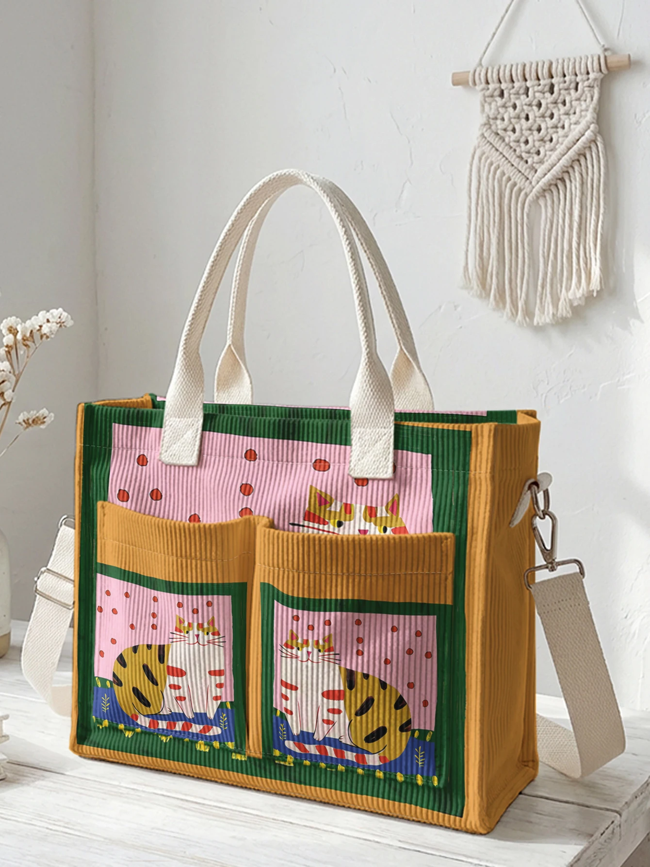 Bolso Tote de Pana con Estampado de Gato de Estilo Vintage, Gran Capacidad, Múltiples Bolsillos, Bolso de Hombro para Amantes de los Gatos