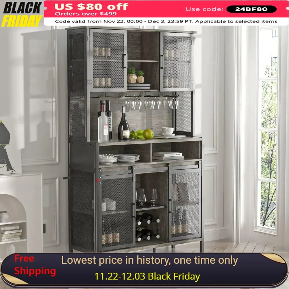 

72" Wine Bar Cabinet with Sliding Barn Door, Farmhouse Buffet Cabinets with Wine Rack & Glass Holder, Led Storage Cabinet