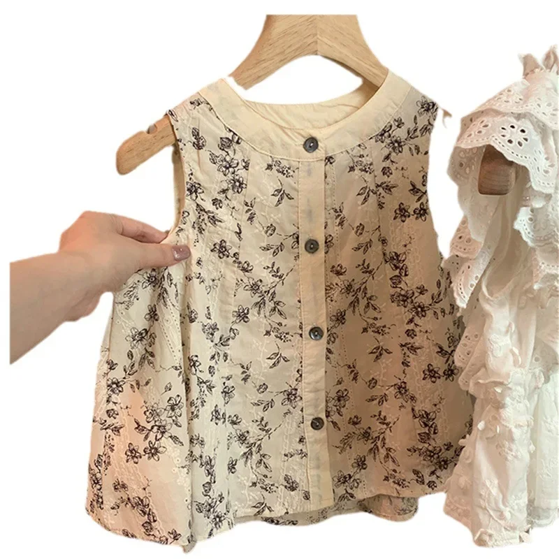 Girls Sets Floral Sleeveless Shirt Solid Loose Pants Summer New China-Chic Children Clothes Chinese Style Suit Two Piece Set