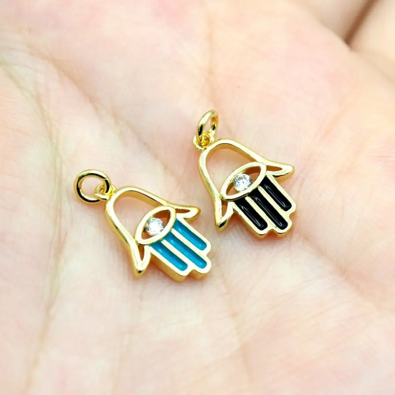 

10 шт., форма слой руки, турецкий глаз, религиозные подвески золотого цвета, эмалированный кулон, исламская медь, около 10x16,6 мм, ювелирные изделия