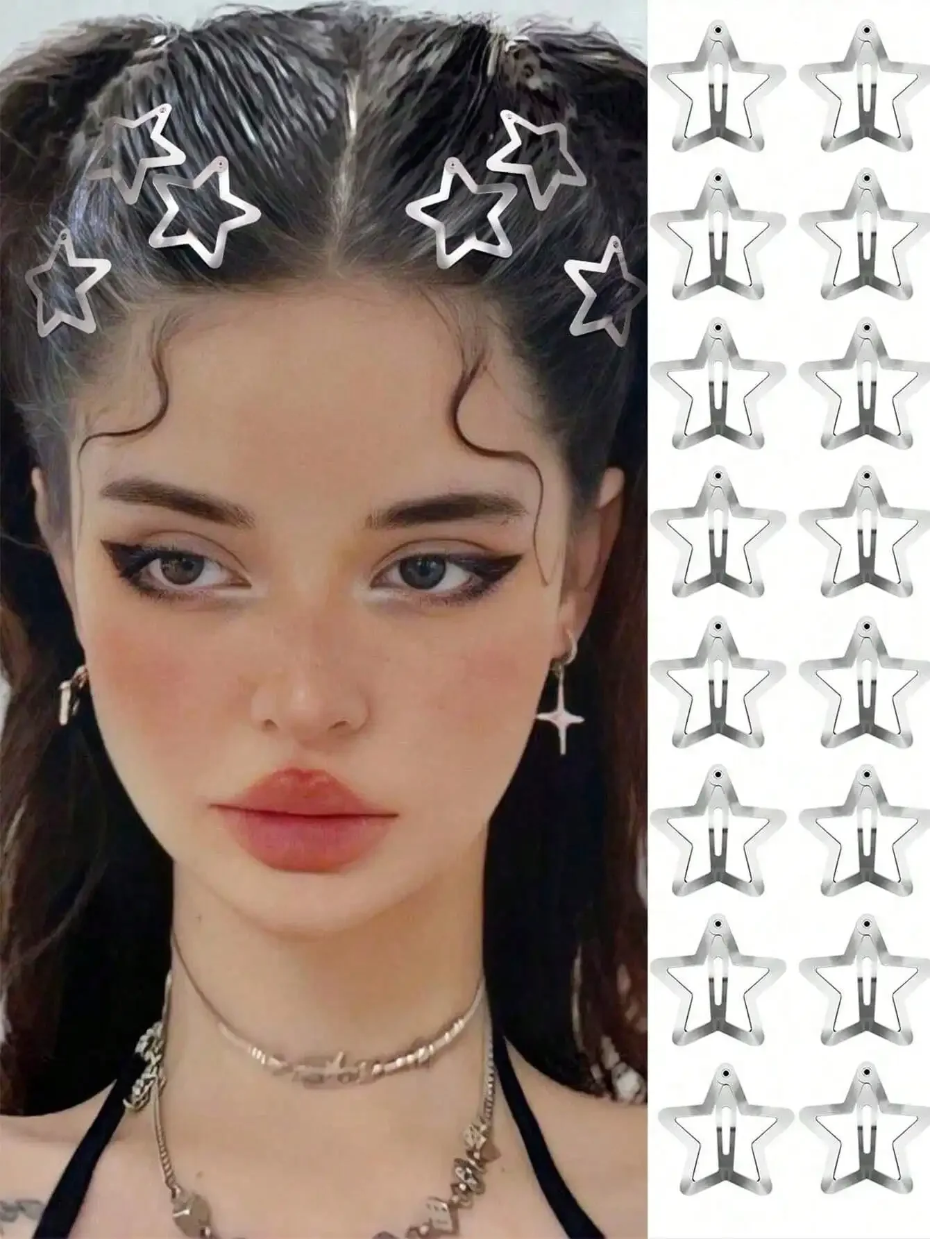 

20Pcs Y2K Silver Star Hair Clips, Aesthetic Metal Snap Hairpins For Women Girls, 2000s Vintage Hollow Star Barrettes, Street Style Hair Accessories