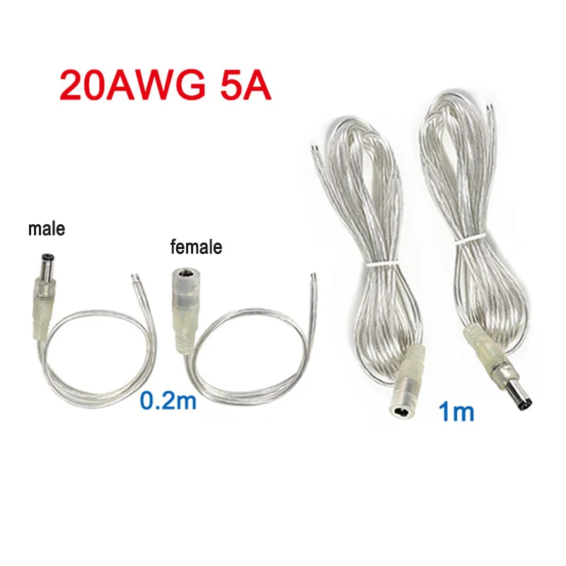 12V 5A DC Power Adapter Transparent Pigtail Cable Female Male 5.5*2.1mm Barrel Jack Connector Extension Cord For LED Strip Light