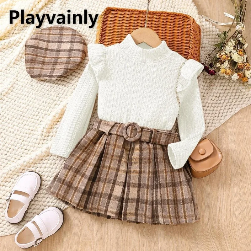 

Новый осенне-зимний вязаный топ с длинными рукавами и рюшами для девочек + клетчатая плиссированная юбка + шапка, модная одежда, детская одежда A3652