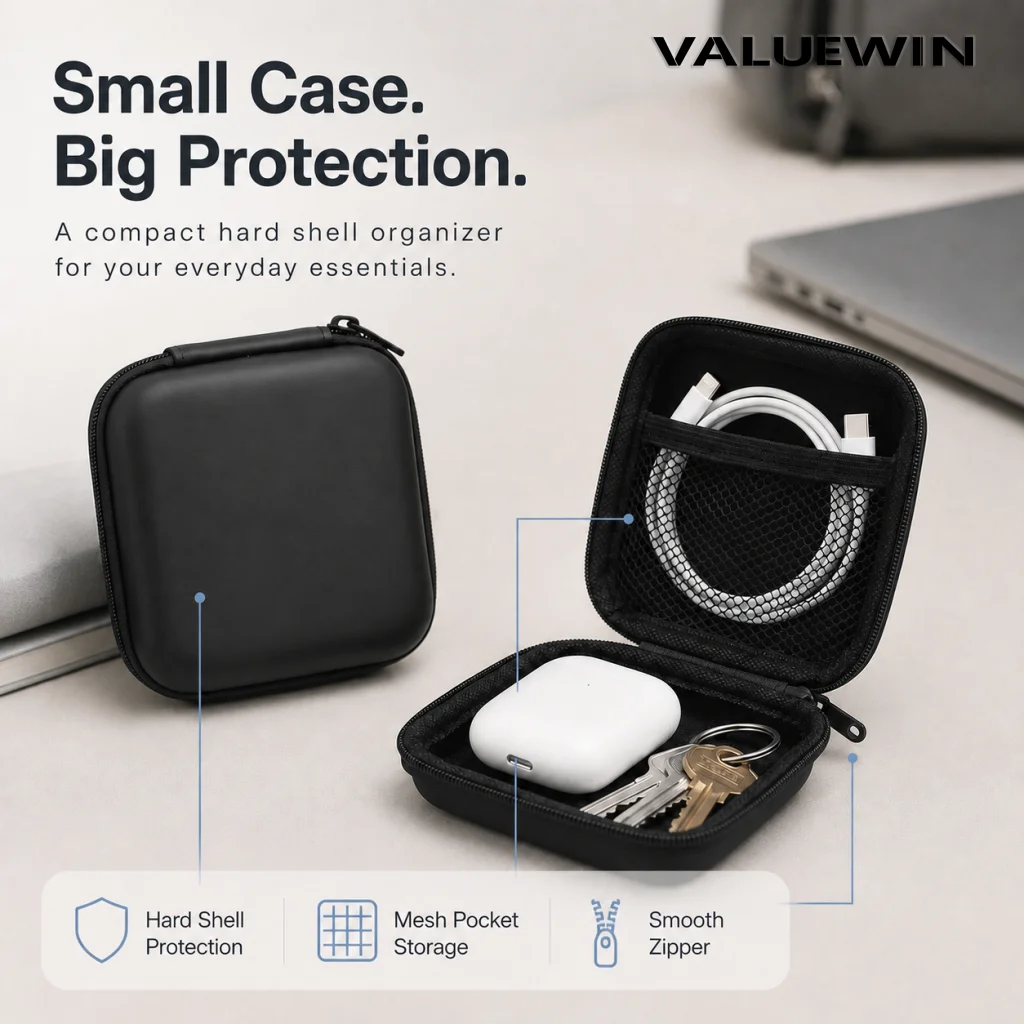 Hard Shell Earphone Storage Case, PU Leather Water Resistant Pouch for Earbuds & Cables, Travel Organizer