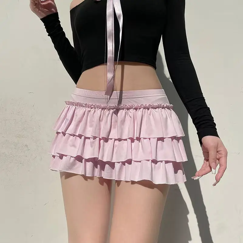 Arco doce a linha saias femininas sexy magro cintura baixa casyal mini saias y2k feminino verão moda streetwear al-match saias rosa