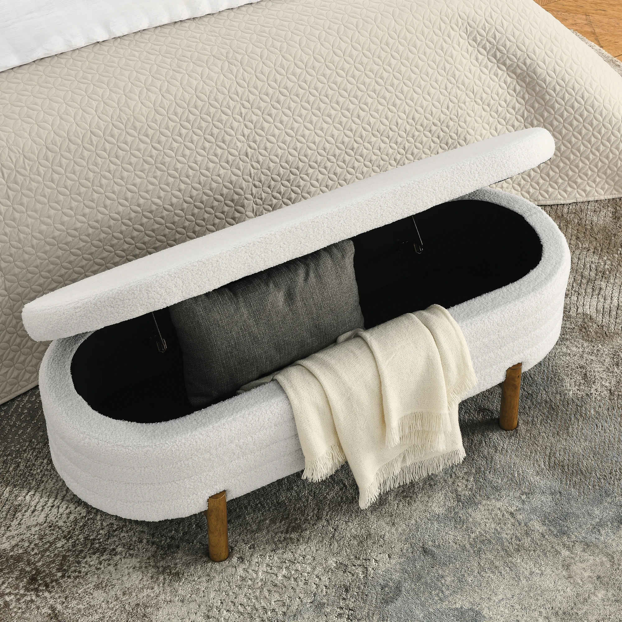 Beige Oval Ottoman Storage Bench with Rubber Wood Legs, Stylish Upholstered Design, 46