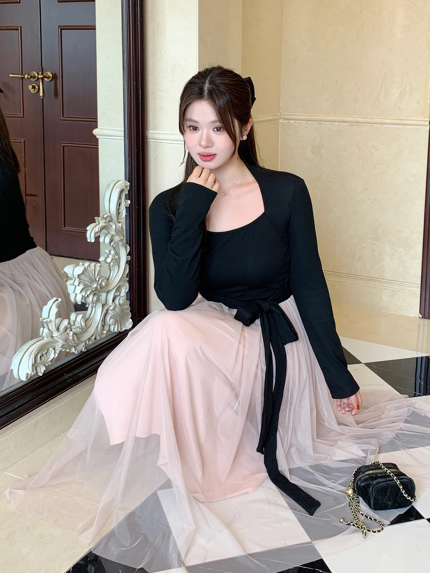 

Для похудения Long Sve Faux Two-Piece Dr для женщин больших размеров Brued Knit oulder Detail Base Layer Dr French Sle High...