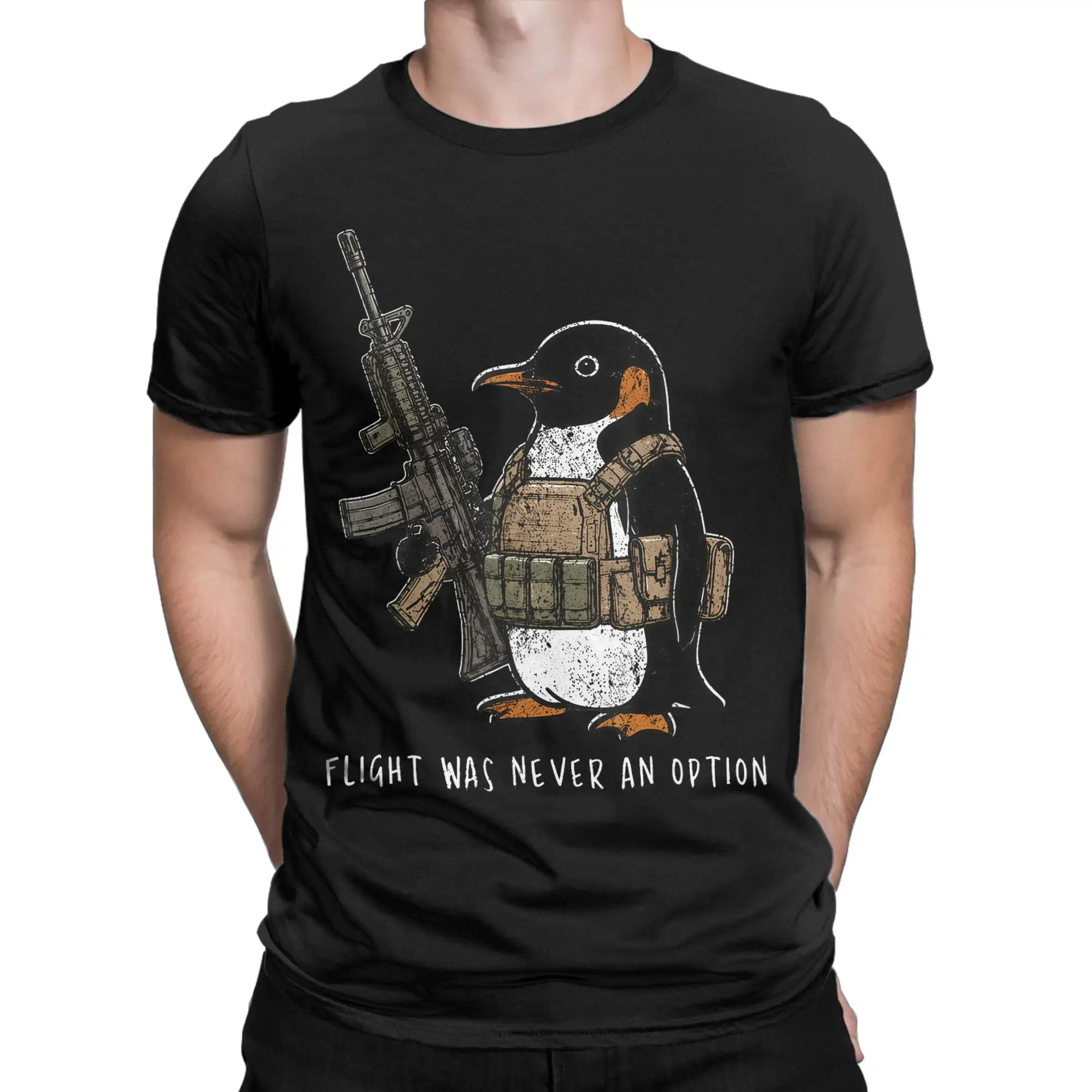 Flight was Never an Option Tactical Penguin Funny Bird Meme Cotton T Shirt For Male Summer T Shirts Tees Oversize Cheap Clothes