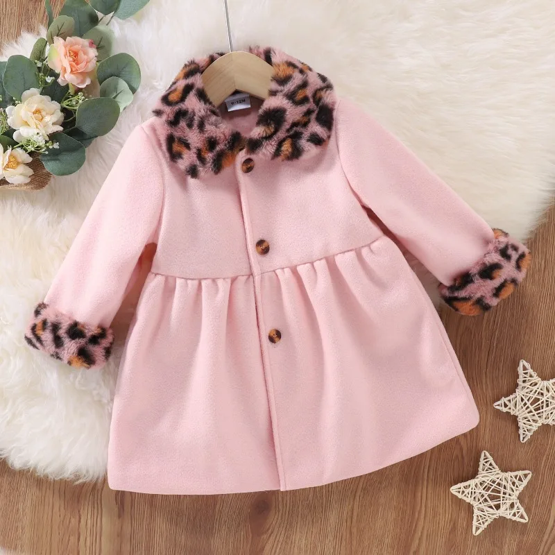 2023 autunno inverno lungo cappotto di lana per le ragazze moda leopardo a maniche lunghe Trench giacca capispalla lana calda vestiti per bambini