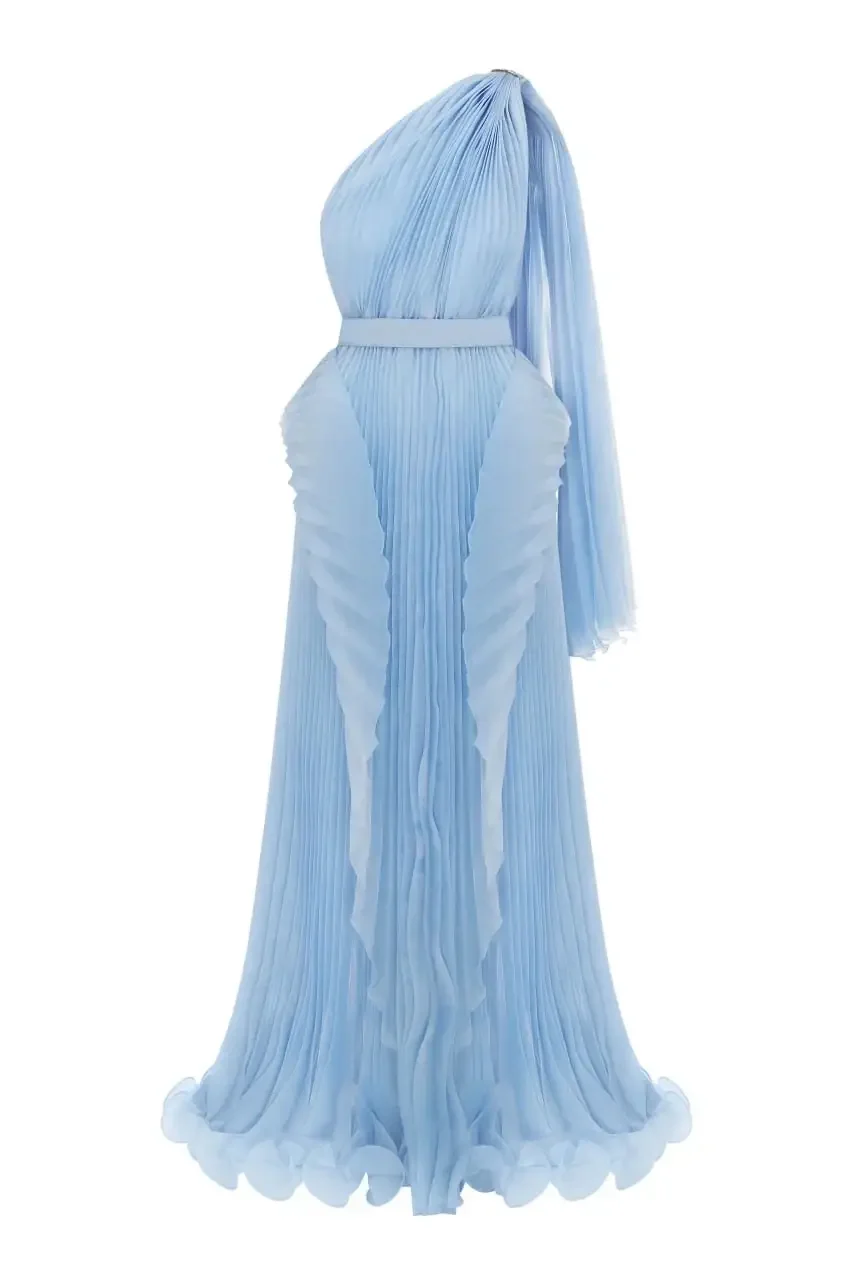 Fabulous Blue Pleats Prom Maxi Dress 2025 New One Shoulder Ruffled Formal Party Dresses Maternity Photoshoot Dress Evening Gown