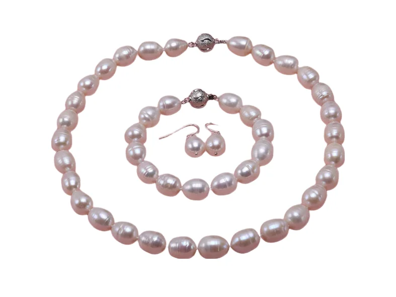 

Terisa Pearl Jewelry 12-13mm White Rice-shaped Freshwater Pearl Necklace, Bracelet and earrings Set for Women T-RFS005