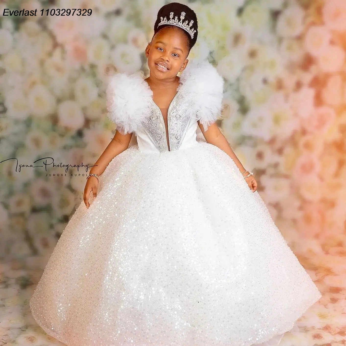 EVLAS White Sequined Ball Gown Flower Girls Dress for Wedding Girl Pageant Dress Kids Party Prom Birthday for Photoshoot TFD132