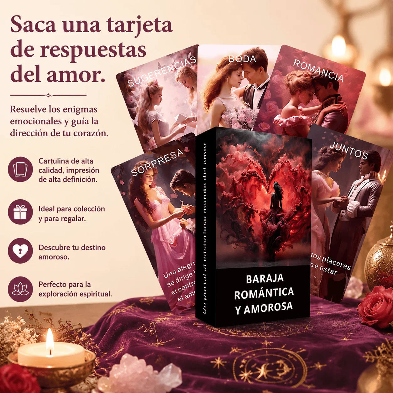 Cartas del oráculo del amor romántico español, 50 cartas del tarot, adivinación emocional, exploración de relaciones íntimas, regalo espiritual