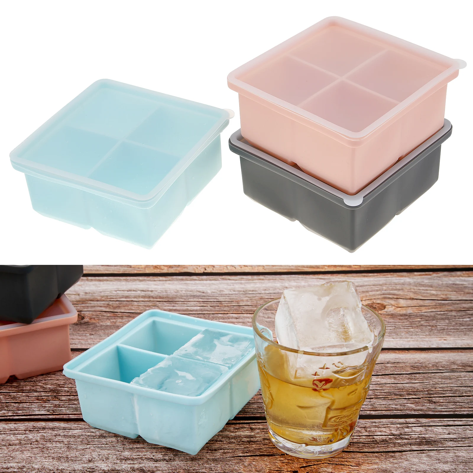 

Cube Ice Mould 4 Grid Big Cube Jumbo Large Silicone Ice Cube with Sealing Cover Square Tray Mould Ice Cube Kitchen Accessories