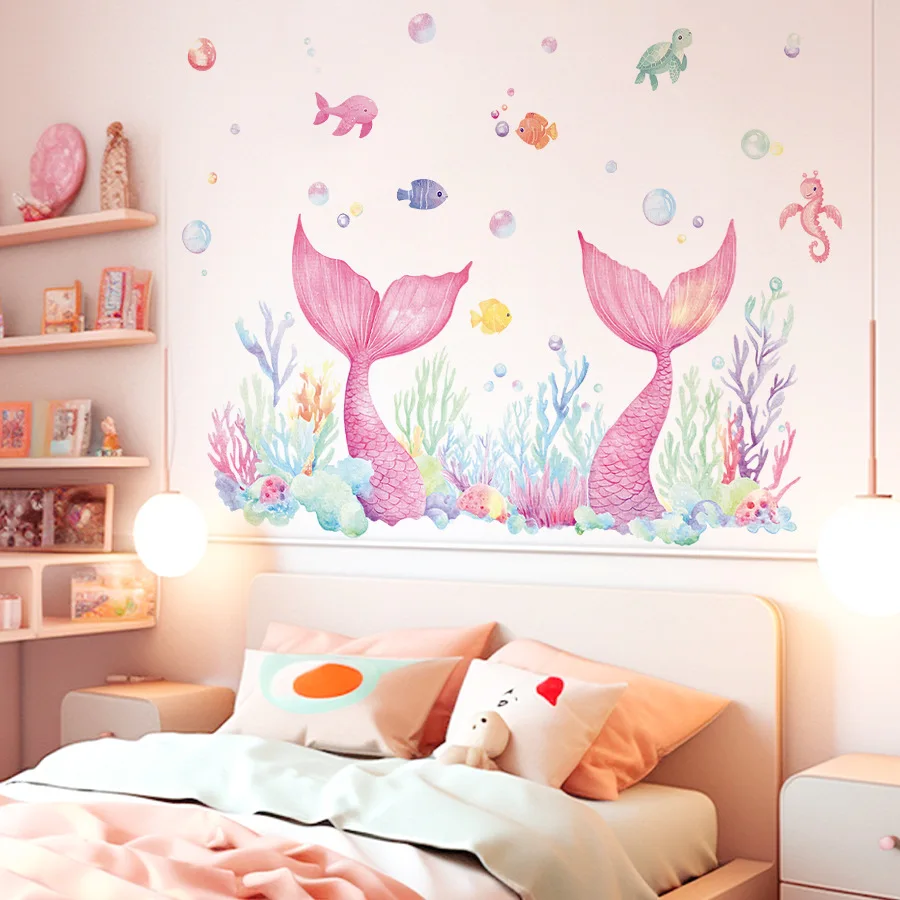 만화 귀여운 핑크 인어 꼬리 벽 스티커 아트 홈 장식 벽 전사 술 DIY 거실 어린이 침실 벽 장식