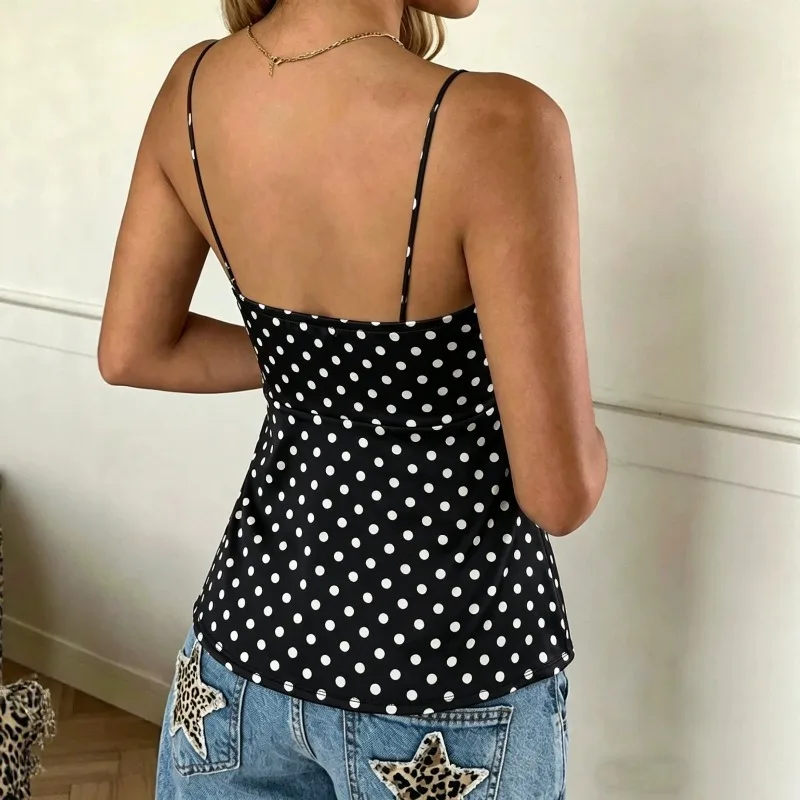 Women Polka Dot Spaghetti Strap Cami Top Sweetheart Drawstring Ruched Peplum Hem Slim Fit Casual Summer Party Sleeveless Blouse