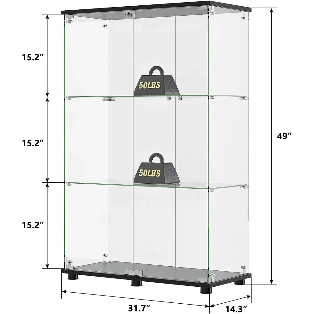 Glass Display Cabinet with 3 Shelves,Double Doors, Floor Standing Display Cage,49.49 x 31.77 x 14.37 in, Black