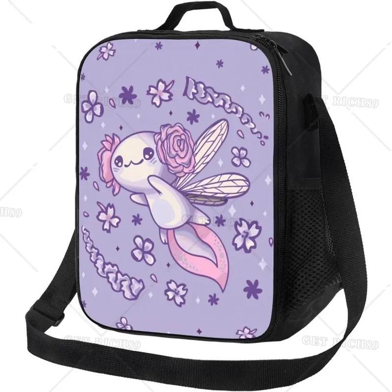 Cute Kawaii Axolotl Purple Cooler Lunch Bag Insulated Lunch Box with Adjustable Shoulder Strap for Women Men for Office Picnic