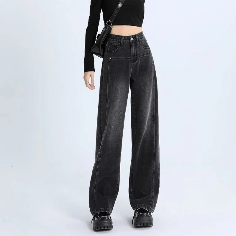 Frau Neue Hohe Taille Vintage Verdicken Jeans Weibliche Casual High Street Thermische Flare Hosen Mädchen Mode Schwarz Grau Denim Hosen