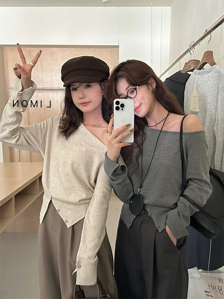 سترة محبوكة طويلة بتصميم أنيق مكشوفة الكتفين للنساء، موديل جديد لخريف وشتاء، مقاس صغير، أنيقة ومتعددة الاستخدامات...