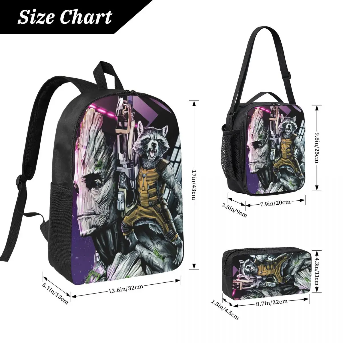 Rocket Raccoons Groot Marvels Backpack Student Boys Girls BookBag School Bag Shoulder Bags 3ps Insulated Lunch Bag Pencil Case