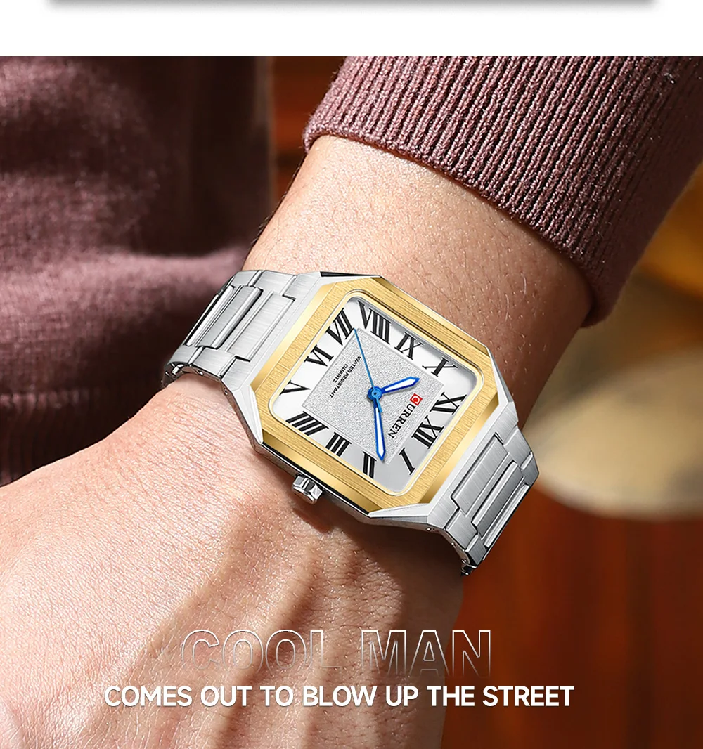 CURREN Minimalistische Eleganz Herren-Quarzuhr Quadratisches Zifferblatt mit Leuchtzeigern Edelstahlarmband Moderne Klassische Armbanduhr – Detail 12