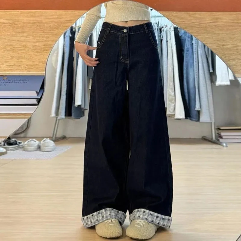 

Women American Classic Blue Jeans Bow Plaid Patchwork Loose Denim Pants Preppy Style High Waist Lazy Rolled Jeans