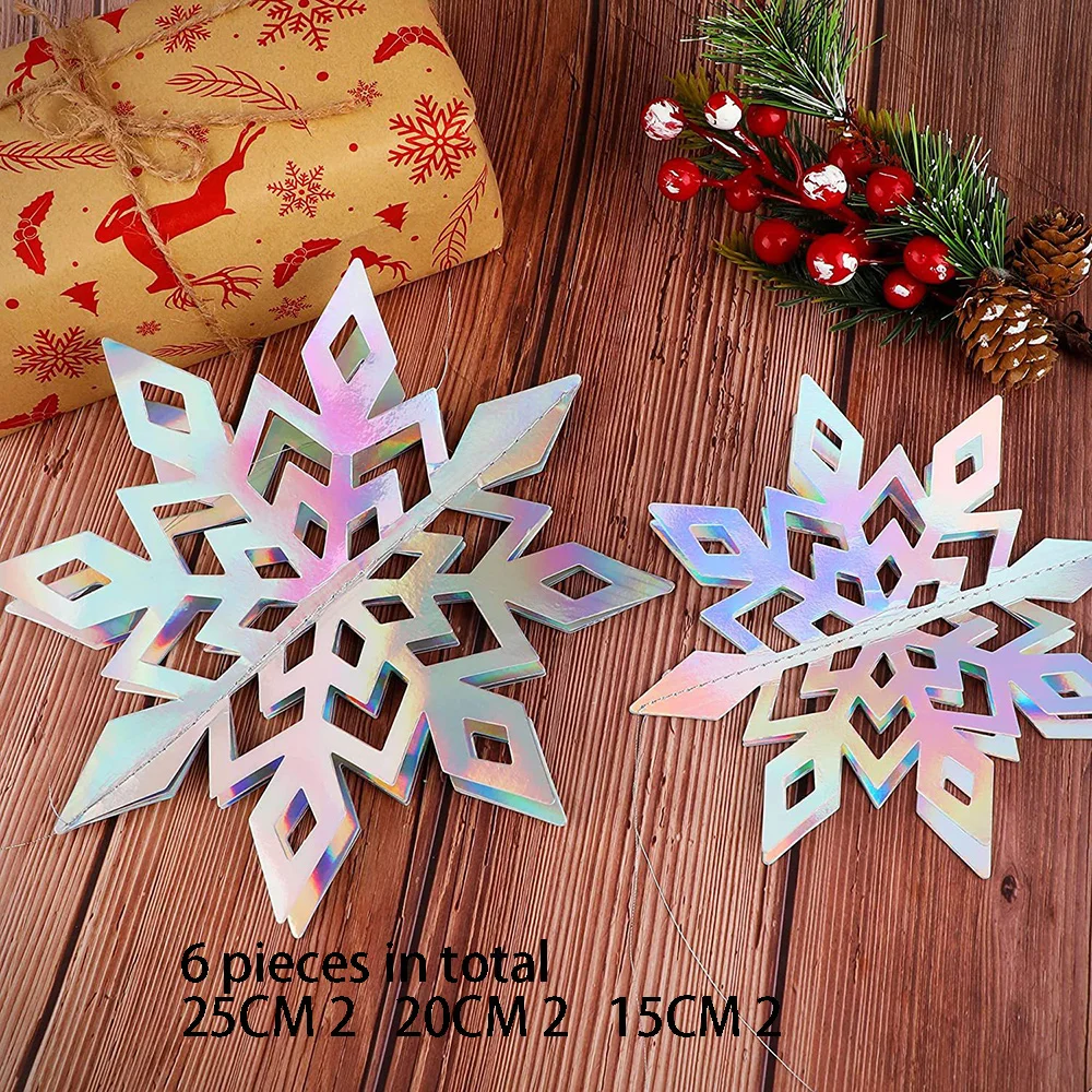 6Pcs Christmas 3D Hanging Snowflakes Iridescent Paper Rainbow Snow Flakes Winter Frozen Birthday Party Decorations