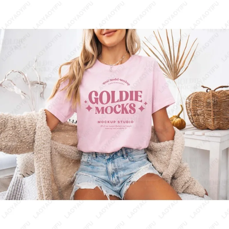 

GOLDIE MOCKS Розовая хлопковая рубашка с буквенным принтом Модная уютная милая летняя осенняя эстетичная футболка в стиле бохо для мужчин и женщин Летние топы для отдыха