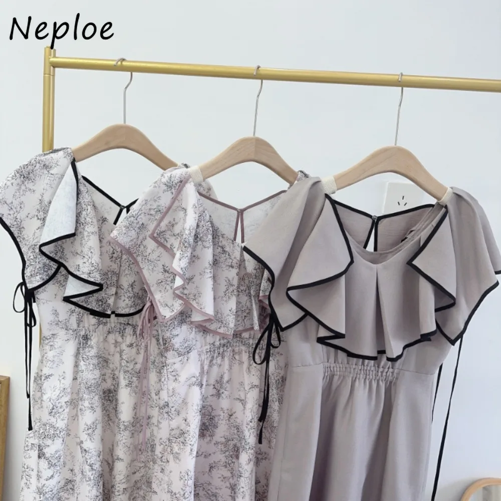 Neploe Elegant Ruffled Sleeveless High Waist Robe Slim Fit Print Panelled Pullover Vestidos Japan New Casual Lace Up Dress