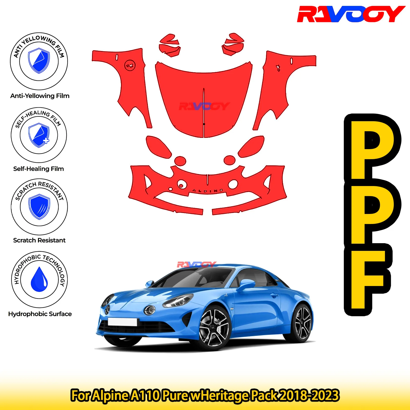 For Alpine A110 Pure wHeritage Pack 2018-2023 Glossy Matte Black Precut front PPF Kit Paint Protection Film