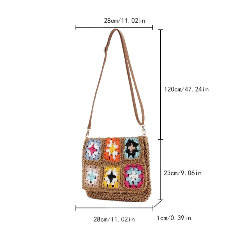 Elegant Womens Crossbody Bag Woven Paper Rope Shoulder Purse Vintage Ethnic Crochet Flower Handbag with Adjustable Strap