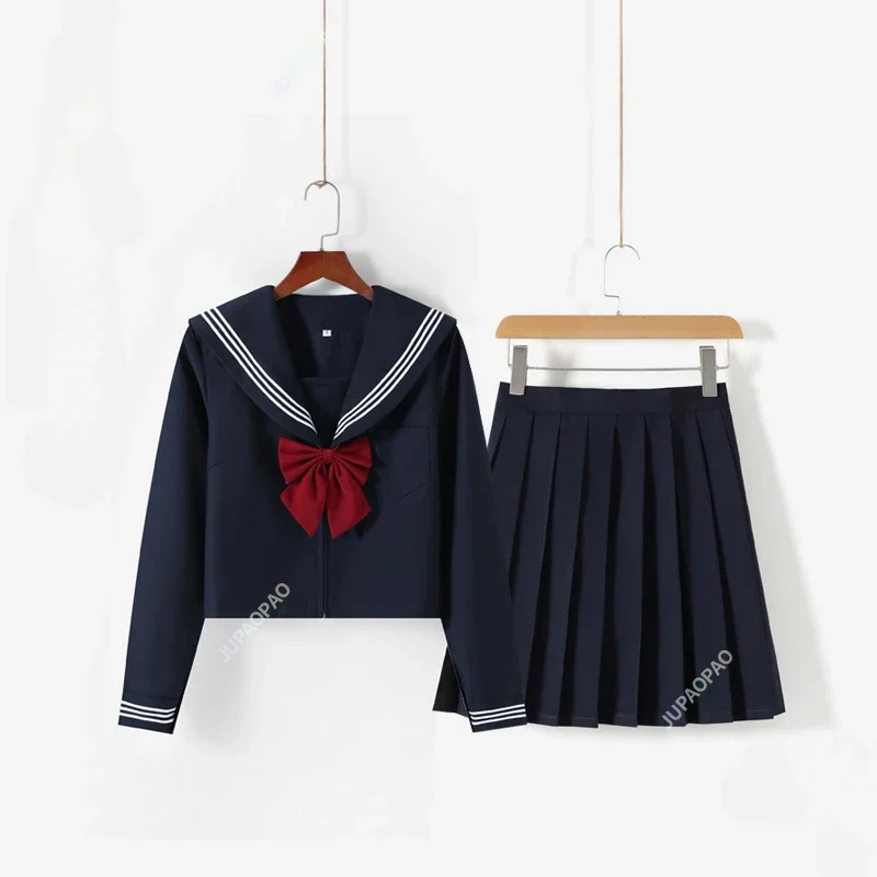 College Style Japanese School Uniform Set Basic Cartoon Youth Girl Navy Sailor Uniform Black Set Navy Uniform Women's Clothing