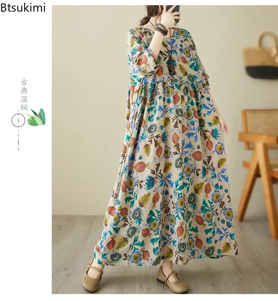 特大女性フラワープリントロングドレスヴィンテージカジュアルルーズプリーツレディースドレスコットンリネン快適な休日 Vestidos ファム