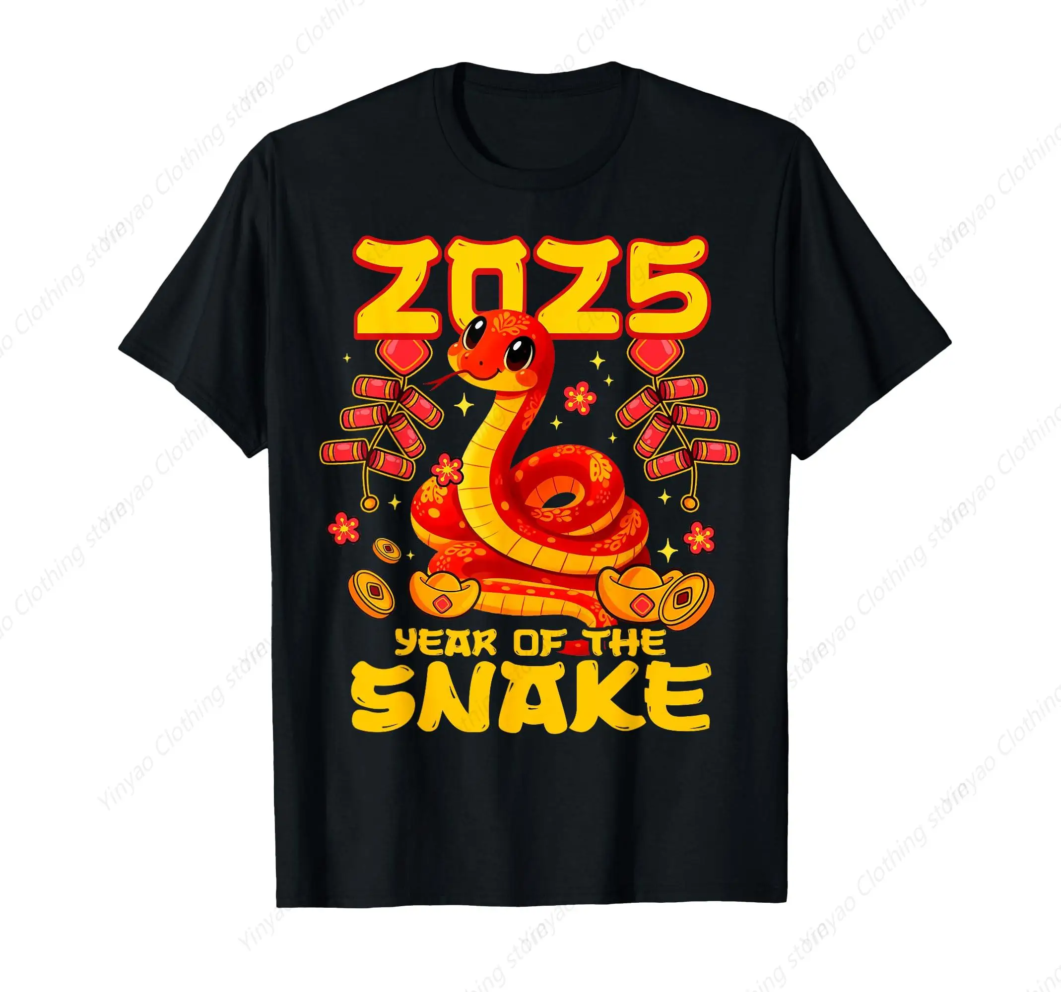 

Lion Dance Snake Year Chinese New Year 12 Zodiac Snake T-shirt Happy Spring Festival Cool Printed Cotton Black Shirt Gift