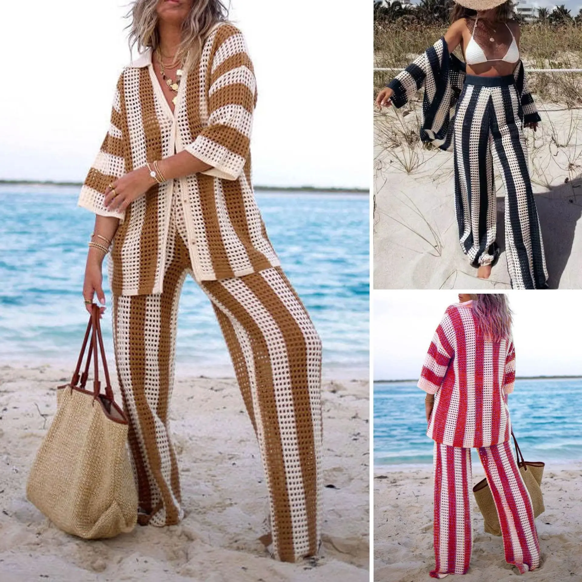 

Модный повседневный свободный длинный вязаный топ и брюки све, женский осенне-зимний полосатый костюм-двойка в европейском стиле