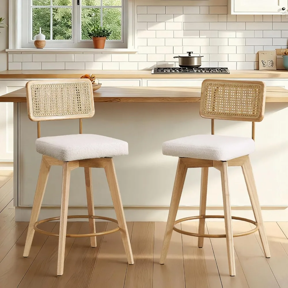 26” Natural Rattan Bar Stools, Swivel Solid Wood Counter Stools Set of 2, Upholstered Armless Island Stools with Wooden Legs and