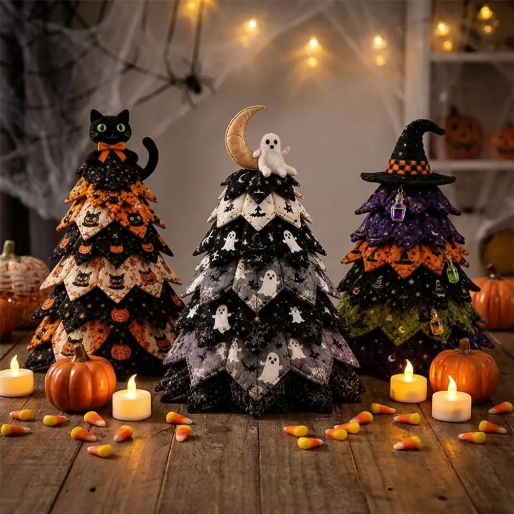 Vintage Halloween Quilted Fabric Tree Kit Pumpkin Ghost 3D Thick DIY Patchwork Tabletop Tree Set Black Cat Spider Tree Ornament