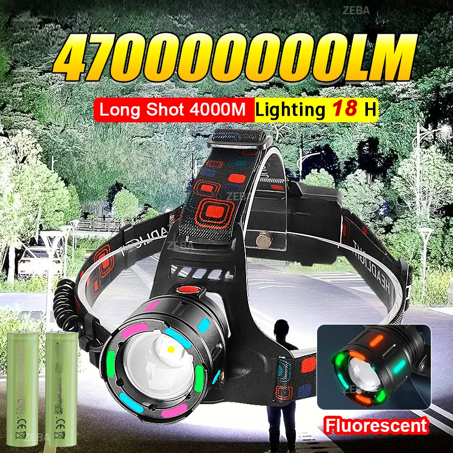 

Ультрамощный светодиодный налобный фонарь 47000000LM, суперяркий, дальность 4000 м, перезаряжаемый, на аккумуляторе 18650, для рыбалки