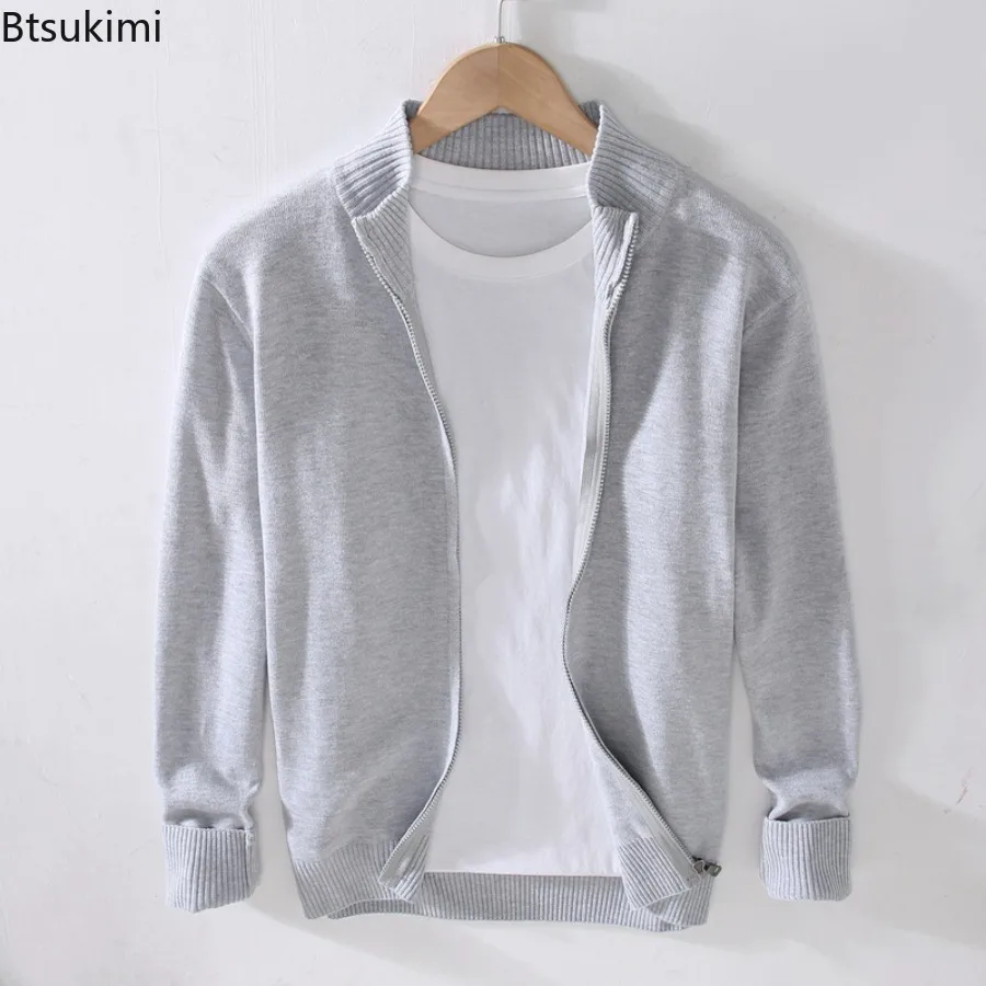 2025 Spring Autumn Men's Pure Cotton Cardigan Fashionable Solid Color Zipper-up Sweater Casual Business Slimming Knitted Tops