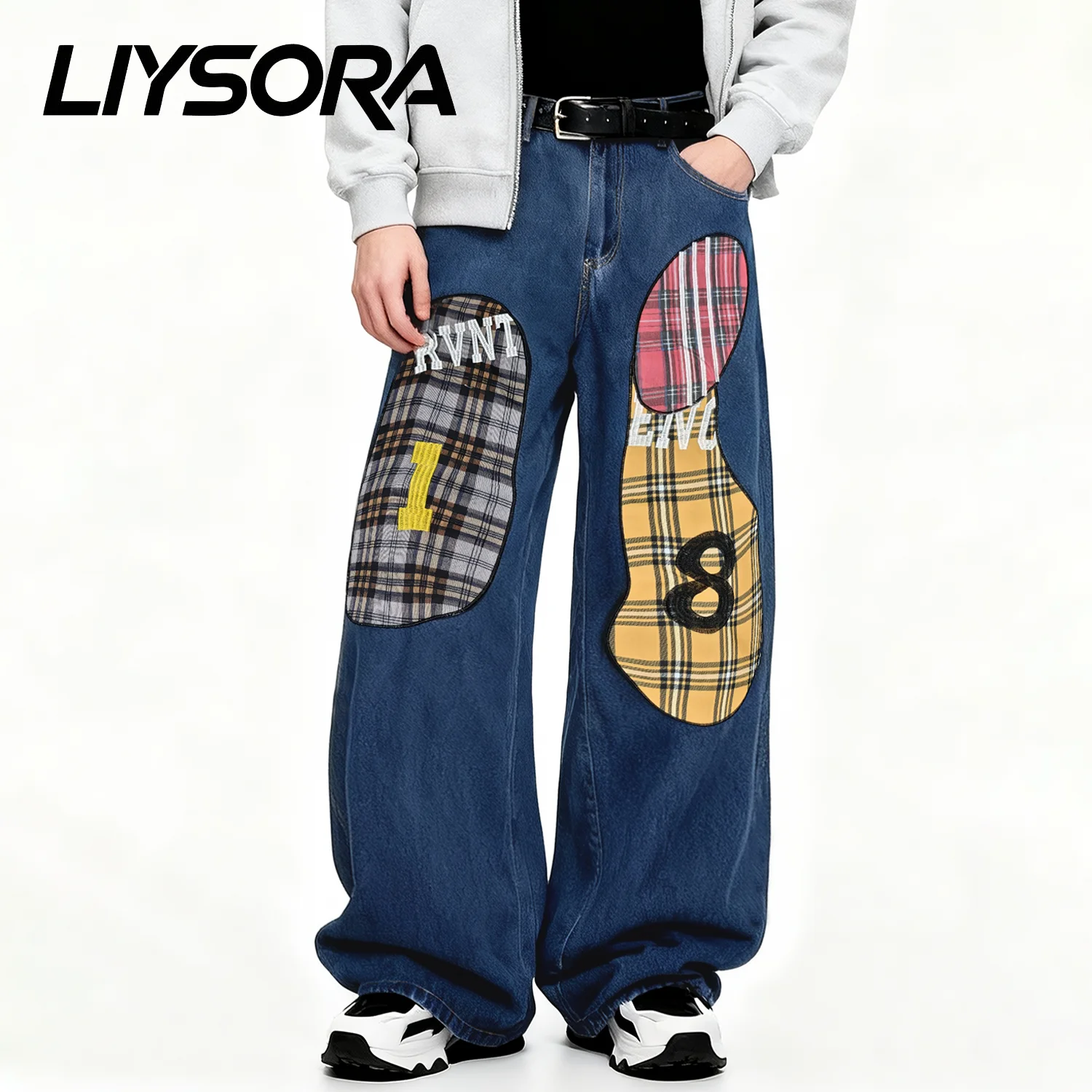 الرجال الموضة الأزرق الرجعية فضفاض واسعة الساق الجينز الكورية الشارع منقوشة التصحيح النسيج العصرية العلامة التجارية فضفاض الدنيم السراويل للجنسين الملابس #1