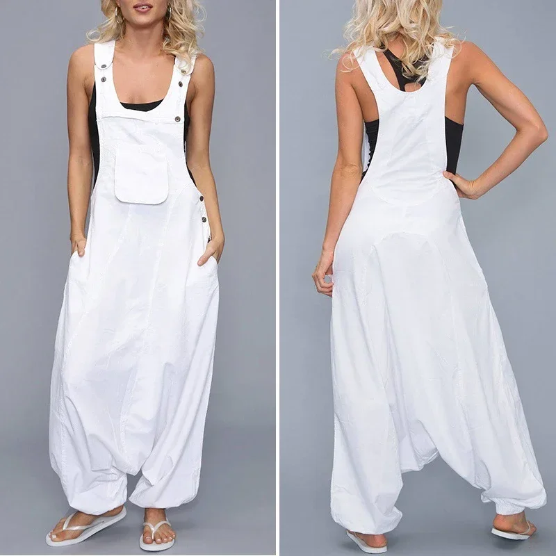 Cosxie Women Summer Loose Thin Jumpsuits Harem Pants Wide Leg Pants Sleeveless Pockets Bib Jumpsuit Siamese Trousers Large Size