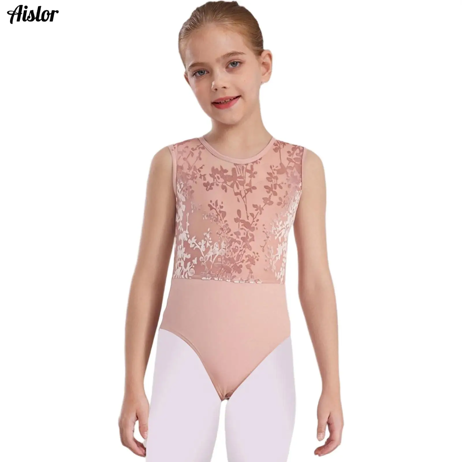 

Kids Girls Ballet Dance Leotard U-Back Sleeveless Soft Velvet Printed Mesh Patchwork Bodysuit for Practice Performance Costume