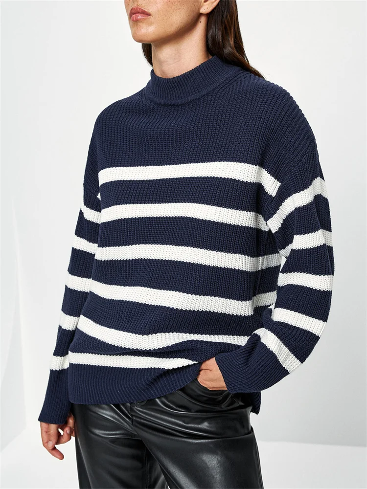 Navy Blue Striped Knit Sweater Female Jumpers Long Sleeve Knitting Pullovers Women Tops New In Knitwears Autumn Winter Sweaters