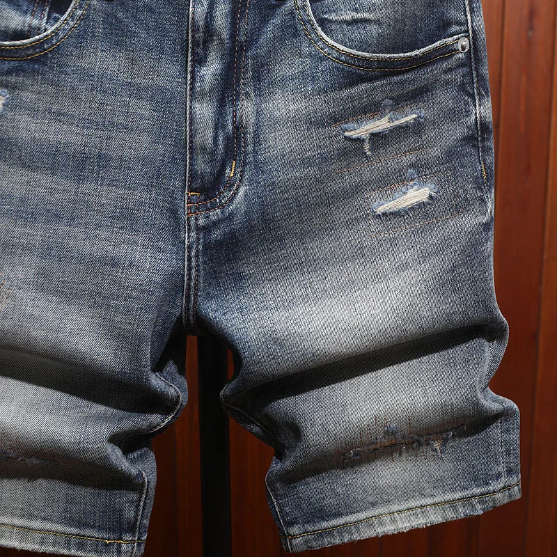 High end summer denim shorts for men with perforated patches, trendy fashion, casual, retro and nostalgic five quarter pants